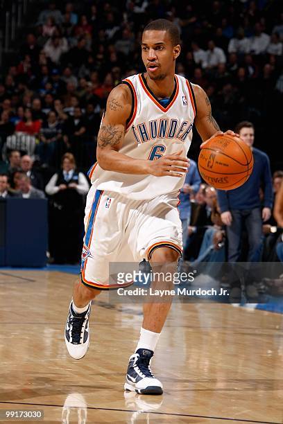 Eric Maynor of the Oklahoma City Thunder drives to the basket during the game against the Minnesota Timberwolves on February 26, 2010 at the Ford...