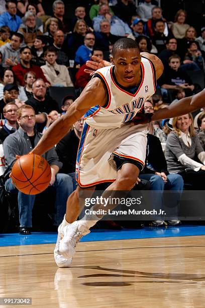 Russell Westbrook of the Oklahoma City Thunder drives to the basket during the game against the Minnesota Timberwolves on February 26, 2010 at the...