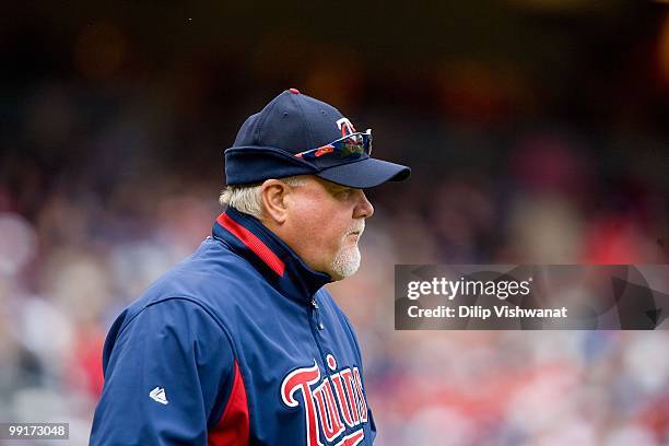 Manager Ron Gardenhire of the Minnesota Twins walks to the mound against the Baltimore Orioles at Target Field on May 8, 2010 in Minneapolis,...