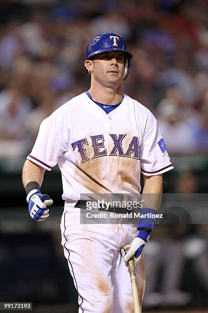 Michael Young of the Texas Rangers on May 11, 2010 at Rangers Ballpark in Arlington, Texas.
