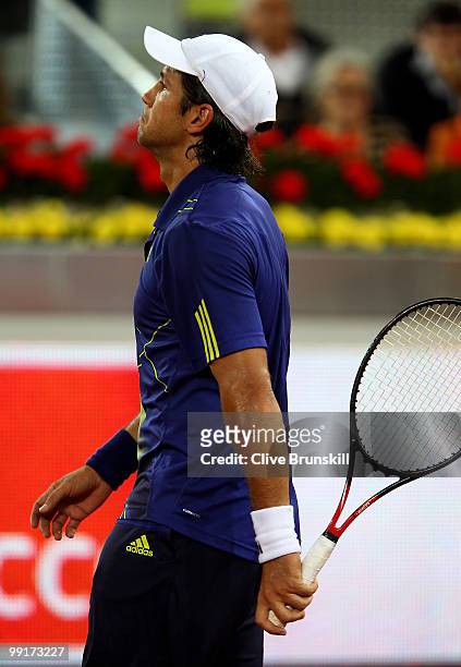 Fernando Verdasco of Spain shows his dejection during his straight sets defeat by Jurgen Melzer of Austria in their third round match during the...
