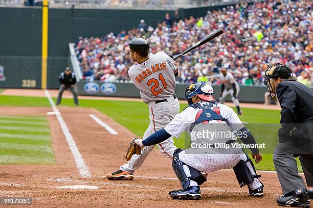 Nick Markakis of the Baltimore Orioles bats against the Minnesota Twins at Target Field on May 8, 2010 in Minneapolis, Minnesota. The Orioles beat...