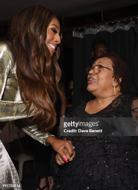 Alexandra Burke meets Jocelyn Brown backstage at the launch of Quaglino's Q Decades Summer Series on July 4, 2018 in London, England.