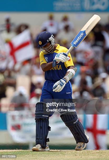 Mahela Jayawardene of Sri Lanka swings his bat in frustration after being dismissed during the semi final of the ICC World Twenty20 between England...