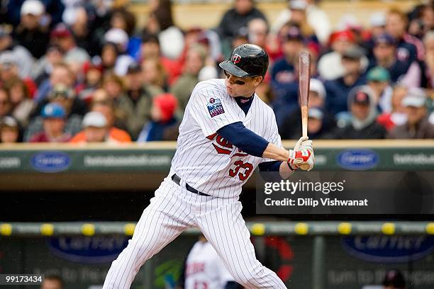 Justin Morneau of the Minnesota Twins bats against the Baltimore Orioles at Target Field on May 8, 2010 in Minneapolis, Minnesota. The Orioles beat...