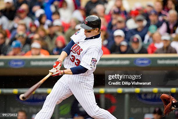 Justin Morneau of the Minnesota Twins bats against the Baltimore Orioles at Target Field on May 8, 2010 in Minneapolis, Minnesota. The Orioles beat...