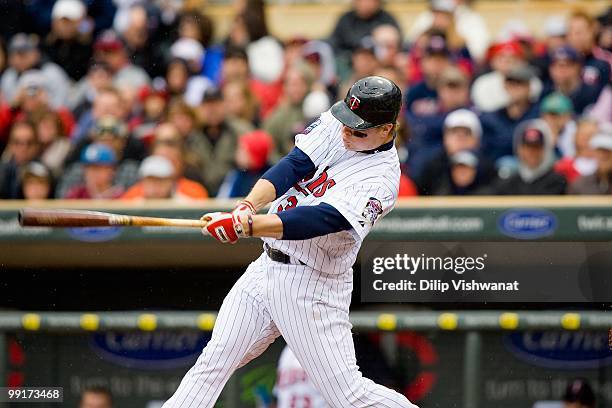 Justin Morneau of the Minnesota Twins bats against the Baltimore Orioles at Target Field on May 8, 2010 in Minneapolis, Minnesota. The Orioles beat...