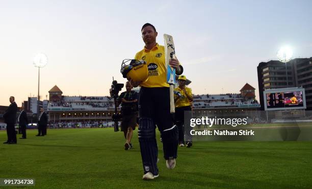 Ian Bell walks off the pitch after scoring 82 not out during the Vitality Blast match between Nottingham Outlaws and Birmingham Bears at Trent Bridge...