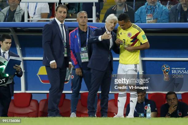 Colombia coach Jose Pekerman, Carlos Bacca of Colombia during the 2018 FIFA World Cup Russia round of 16 match between Columbia and England at the...