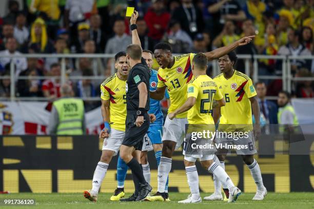 Radamel Falcao Garcia of Colombia, referee Mark Geiger, Colombia goalkeeper David Ospina, Yerry Mina of Colombia, Juan Quintero of Colombia, Carlos...