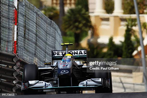 Nico Rosberg of Germany and Mercedes GP drives during practice for the Monaco Formula One Grand Prix at the Monte Carlo Circuit on May 13, 2010 in...