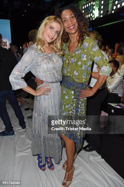 Tanja Buelter and Annabelle Mandeng attend the Riani show during the Berlin Fashion Week Spring/Summer 2019 at ewerk on July 4, 2018 in Berlin,...