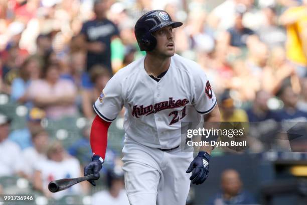 Travis Shaw of the Milwaukee Brewers hits a home run in the second inning against the Minnesota Twins at Miller Park on July 4, 2018 in Milwaukee,...