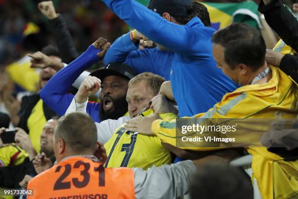 Yerry Mina of Colombia with Colombia fans during the 2018 FIFA World Cup Russia round of 16 match between Columbia and England at the Spartak stadium...