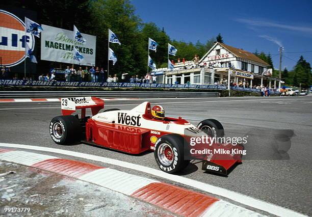 Huub Rothengatter of the Netherlands drives the West Zakspeed Racing Zakspeed 861 V8Turbo during the Belgian Grand Prix on 25 May 1986 at the...