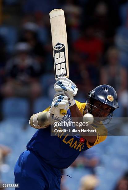 Kumar Sangakkara of Sri Lanks hits out during the semi final of the ICC World Twenty20 between England and Sri Lanka at the Beausjour Cricket Ground...