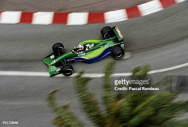 Andrea de Cesaris drives the Team 7up Jordan Jordan 191 Ford HB during the Grand Prix of Monaco on 12 May 1991 on the streets of the Principality of...