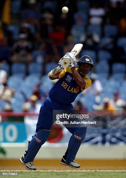 Kumar Sangakkara of Sri Lanks hits out during the semi final of the ICC World Twenty20 between England and Sri Lanka at the Beausjour Cricket Ground...