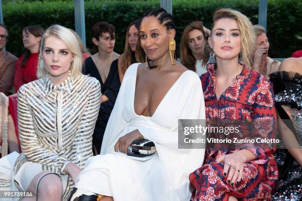 Lucy Boynton, Tracee Ellis Ross and Amber Heard attend the Valentino Haute Couture Fall Winter 2018/2019 show as part of Paris Fashion Week on July...