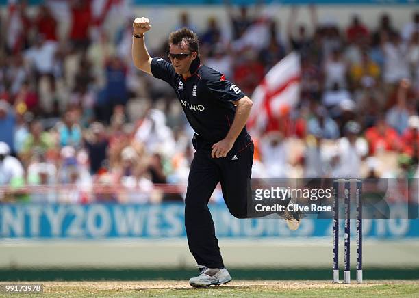 Graeme Swann of England celebrates the wicket of Kumar Sangakkara of Sri Lanka during the semi final of the ICC World Twenty20 between England and...