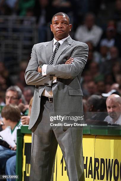 Head coach Doc Rivers of the Boston Celtics looks on from the sideline during the game against the Milwaukee Bucks on April 10, 2010 at the Bradley...