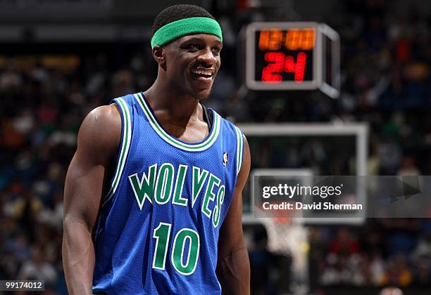 Jonny Flynn of the Minnesota Timberwolves looks on with a smile during the game against the Los Angeles Lakers at Target Center on April 9, 2010 in...