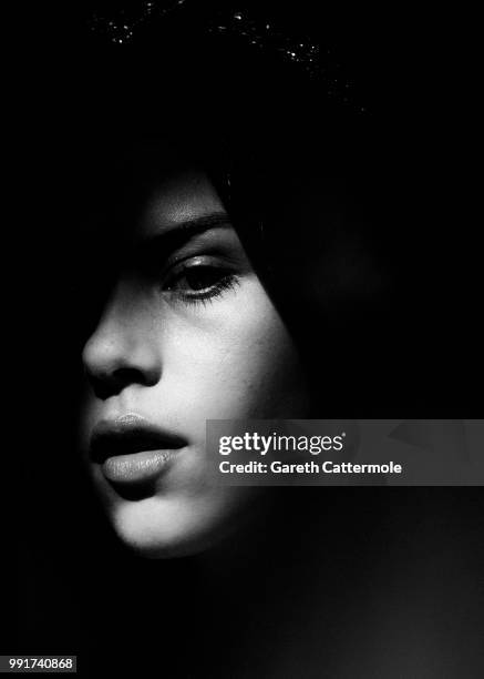 Georgia Fowler poses backstage before the Zuhair Murad Haute Couture Fall Winter 2018/2019 show as part of Paris Fashion Week on July 4, 2018 in...