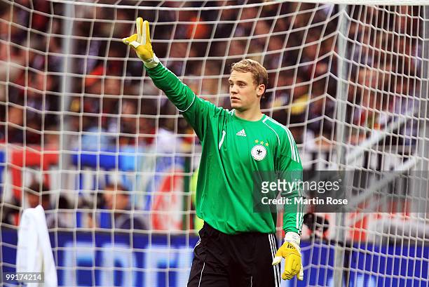 Manuel Neuer, goalkeeper of Germany gives instructions during the international friendly match between Germany and Malta at Tivoli stadium on May 13,...