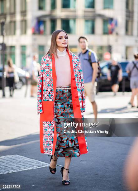 Olivia Palermo wearing Fendi coat and midi skirt seen outside Fendi on day four during Paris Fashion Week Haute Couture FW18 on July 4, 2018 in...