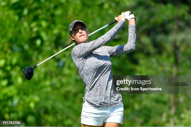 Jaye Marie Green plays her tee shot during the second round of the KPMG Women's PGA Championship on June 29, 2018 at the Kemper Lakes Golf Club in...