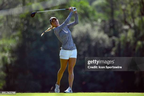Jaye Marie Green plays her tee shot on the seventh hole during the second round of the KPMG Women's PGA Championship on June 29, 2018 at the Kemper...