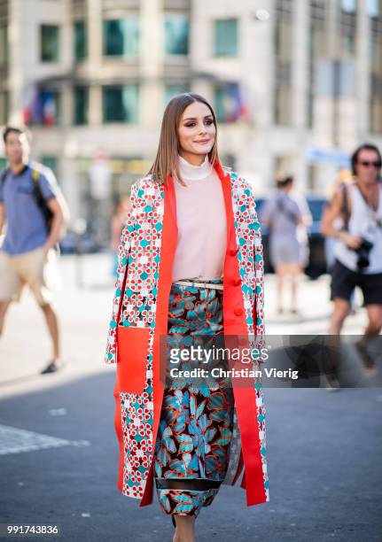 Olivia Palermo wearing Fendi coat and midi skirt seen outside Fendi on day four during Paris Fashion Week Haute Couture FW18 on July 4, 2018 in...