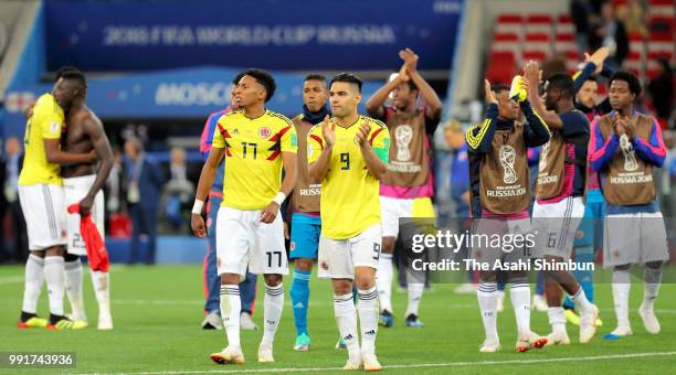 Radamel Falcao and Colombia players applaud supporters after their defeat in the 2018 FIFA World Cup Russia Round of 16 match between Colombia and...