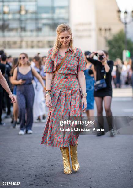 Chiara Ferragni wearing Fendi dress and golden boots seen outside Fendi on day four during Paris Fashion Week Haute Couture FW18 on July 4, 2018 in...