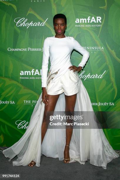 Model Maria Borges attends the amfAR Paris Dinner 2018 at The Peninsula Hotel on July 4, 2018 in Paris, France.