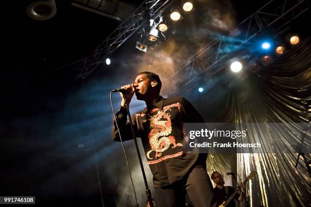 American singer Leon Bridges performs live on stage during a concert at the Huxleys on July 4, 2018 in Berlin, Germany.