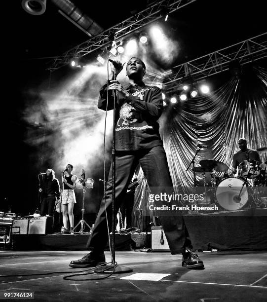 American singer Leon Bridges performs live on stage during a concert at the Huxleys on July 4, 2018 in Berlin, Germany.