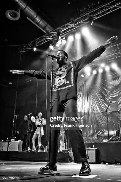 American singer Leon Bridges performs live on stage during a concert at the Huxleys on July 4, 2018 in Berlin, Germany.