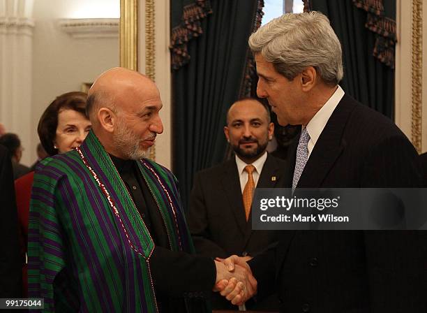 Afghanistan President Hamid Karzai attends a luncheon hosted by Senate Foreign Relations Chairman John Kerry on Capitol Hill on May 13, 2010 in...
