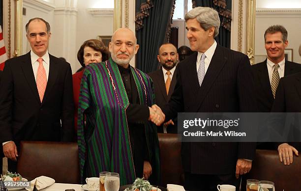 Afghanistan President Hamid Karzai attends a luncheon hosted by Senate Foreign Relations Chairman John Kerry on Capitol Hill on May 13, 2010 in...