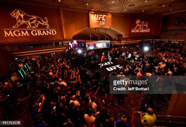 Max Holloway holds an open training session for fans and media during the UFC 226 and The Ultimate Fighter Finale Open Workouts at MGM Grand Hotel &...