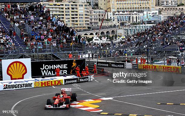 Felipe Massa of Brazil and Ferrari drives during practice for the Monaco Formula One Grand Prix at the Monte Carlo Circuit on May 13, 2010 in Monte...