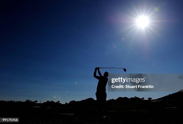 Paul McGinley of Ireland plays his tee shot on the 17th hole during the first round of the Open Cala Millor Mallorca at Pula golf club on May 13,...