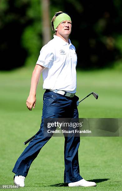 Pelle Edberg of Sweden plays his approach shot on the 14th hole during the first round of the Open Cala Millor Mallorca at Pula golf club on May 13,...