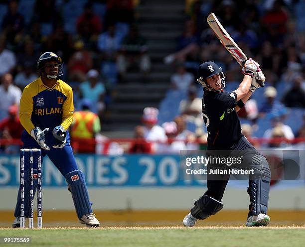 Kumar Sangakkara of Sri Lanka looks on as Craig Kieswetter hits out during the semi final of the ICC World Twenty20 between England and Sri Lanka at...