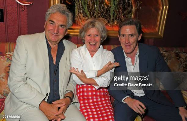 Jim Carter, Imelda Staunton and Rob Brydon attend the after party for the UK Premiere of "Swimming With Men' at Loulou's on July 4, 2018 in London,...