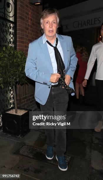 Paul McCartney seen celebrating his birthday with family and friends at La Petite Maison on July 4, 2018 in London, England.