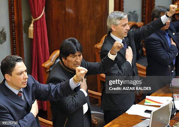 Bolivian low chamber President Hector Arce, Bolivian President Evo Morales, Bolivian Vice President Alvaro Garcia and high chamber President Ruben...