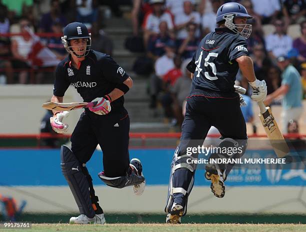 England cricketers Craig Kieswetter and Michael Lumb take a run during the ICC World Twenty20 first semifinal match between Sri Lanka and England at...