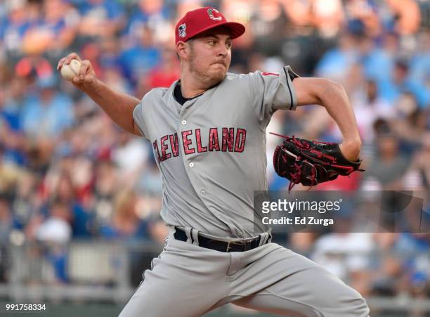 Trevor Bauer of the Cleveland Indians pitches in the first inning against the Kansas City Royals at Kauffman Stadium on July 4, 2018 in Kansas City,...